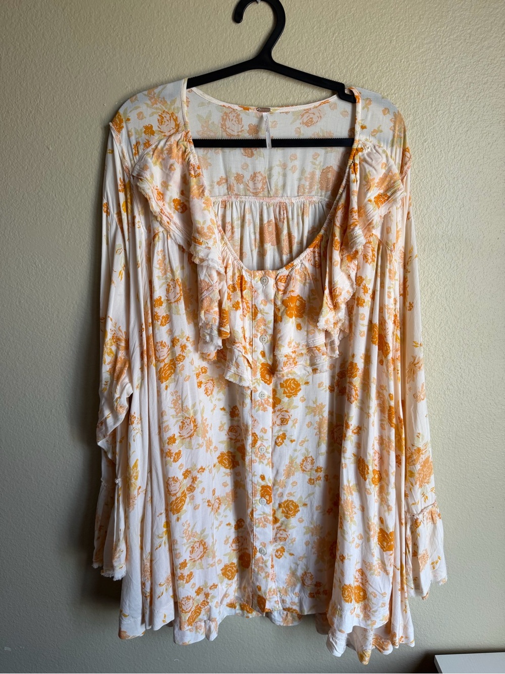 Free People White Blouse with Mustard Floral Print